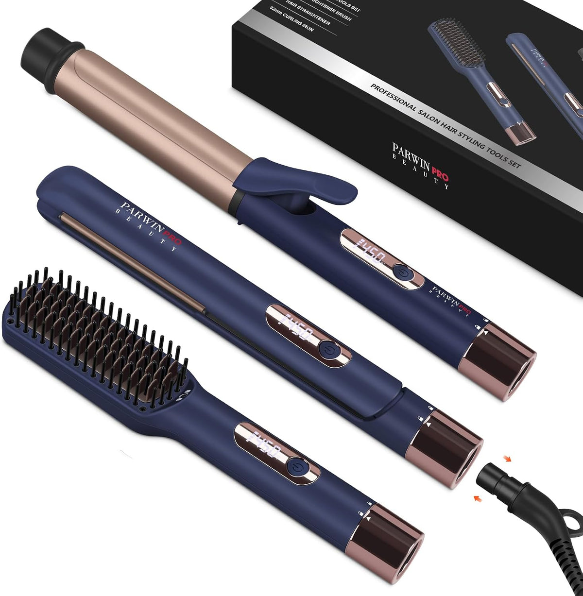 Hair Straightener and Curler, PARWIN PRO BEAUTY 1'' Flat Iron, 1.25'' Curling Iron Hair Straightener Brush with Detachable Power Cord, LED Temp Control Instant Heat Up for Gift Travel, Prussian Blue MegaBDM