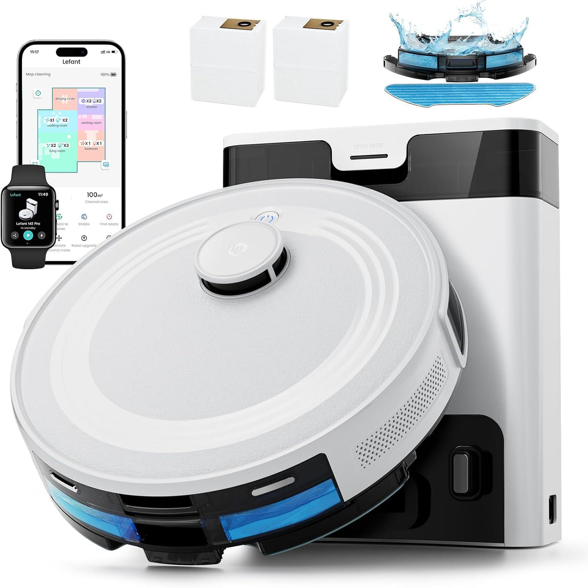 Lefant M2 Pro Self-Emptying Robot Vacuum Cleaner with Mop, 6000Pa Suction, 90 Days Hands-Free Cleaning, dToF Laser Navigation, 2.4G/5G Wi-Fi, Picks Up Pet Hair, Great for Hard Floors and Carpets MegaBDM