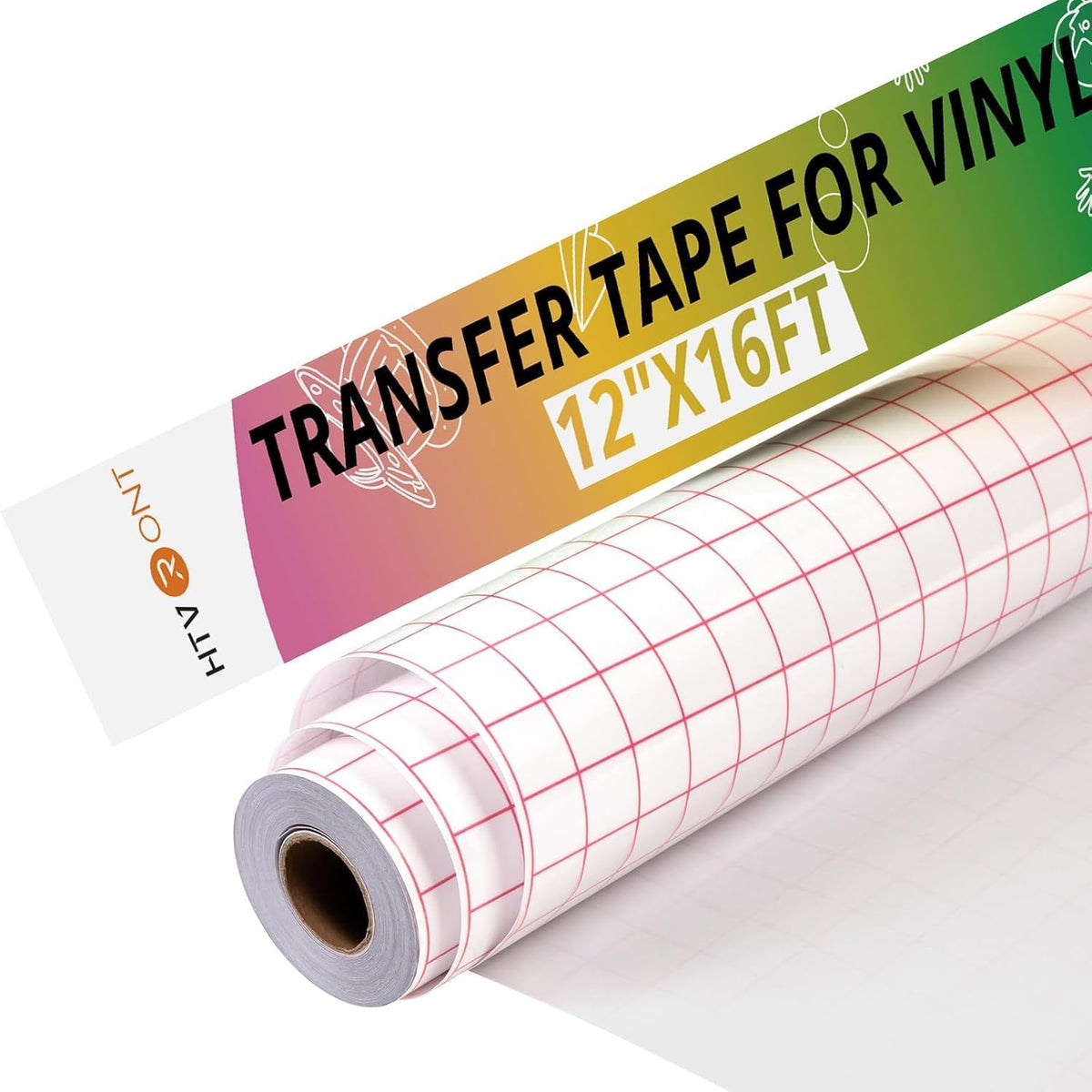 HTVRONT Transfer Tape for Vinyl - 12" x 16 FT (30.5 x 488CM) w/Red Alignment Grid Transfer Tape, Medium Tack Clear Transfer Paper for Permanent Vinyl and Self Adhesive for Signs Stickers, Decals MegaBDM