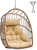 YITAHOME Rattan Egg Chair，Swing Egg Chair w/ Cushions，Sturdy Steel Frame，105x74x72 cm Hanging Egg Chair w/ a Chain & S Hook Patio，Garden，Living Room，Brown Egg Chair & Beige Cushion (FTPLPS-1010-E) MegaBDM