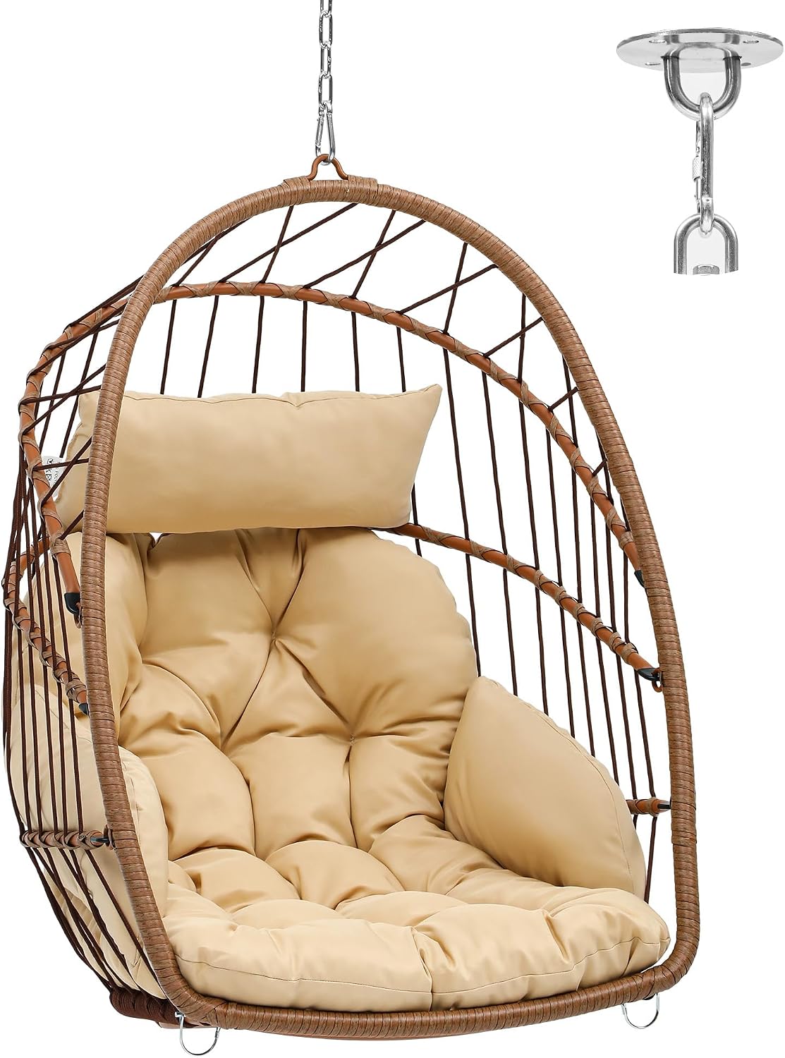YITAHOME Rattan Egg Chair，Swing Egg Chair w/ Cushions，Sturdy Steel Frame，105x74x72 cm Hanging Egg Chair w/ a Chain & S Hook Patio，Garden，Living Room，Brown Egg Chair & Beige Cushion (FTPLPS-1010-E) MegaBDM