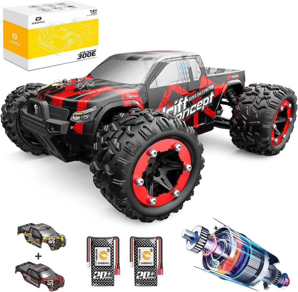 DEERC Brushless Remote Control Car, 4WD High Speed RC Car 37 MPH, 2 Battery for 40+ Min Play, 1:18 Scale Monster Truck with Light, All Terrain Off Road Truck 2 Shell, Gift for Adults, Kids (300E) MegaBDM