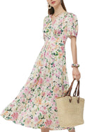 GOELIA Women's 19MM Mulberry Silk Floral Maxi Dress Summer V-Neck Short Puff Sleeves Smocked Waist Vacation Flowy Sundresses MegaBDM