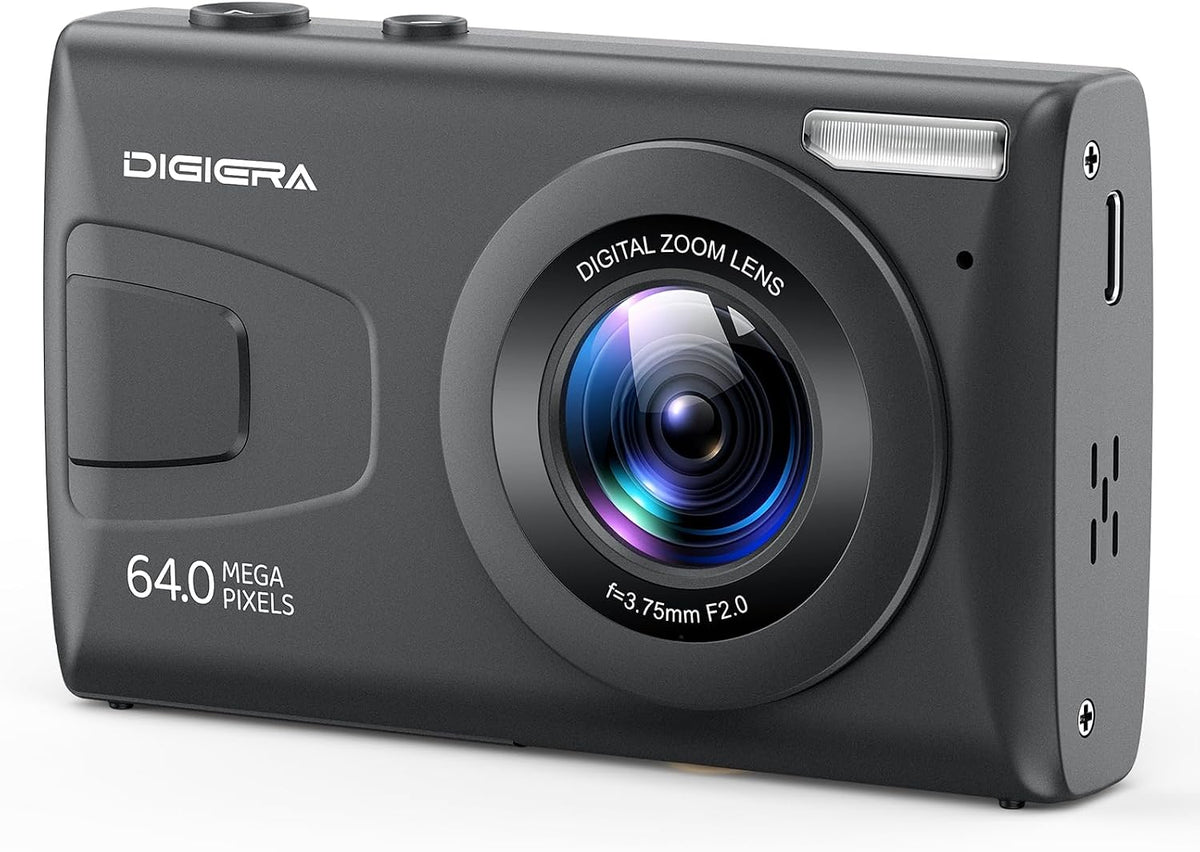 DIGIERA 4K Digital Camera, 64MP UHD Compact Portable Photo Camera for Boys and Girls, 18X Zoom 2.4 Inch IPS LCD Screen Vlogging Camera for Teens Students Beginners with 64GB SD Card, Anti-Shake,Black MegaBDM