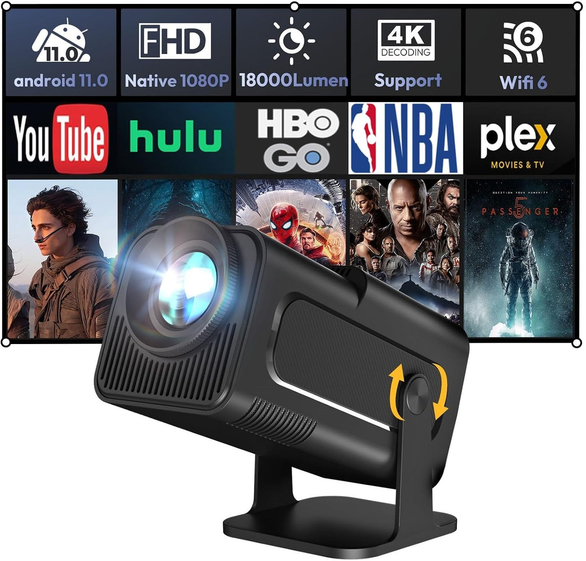 Smart Mini Projector XGODY Gimbal5 Android 11 Full HD Projector 18000 Lumen Native 1080P 4K Support 5G WiFi 6 Bluetooth 5.0 Home Movie Projector Short Throw Auto Keystone 180 Rotating Dull Black MegaBDM
