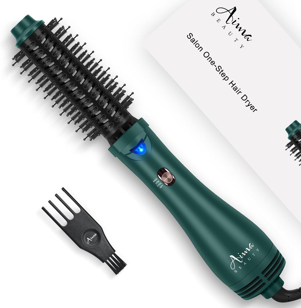 Aima Beauty Hair Dryer Brush, One Step Hair Dryer & Volumizing Hot Air Brush, 3 Heat/Speed Settings, Advanced Ionic Technology, Ceramic Coating, Nylon Pins & Tufted Bristles, Dark Green, 125V MegaBDM