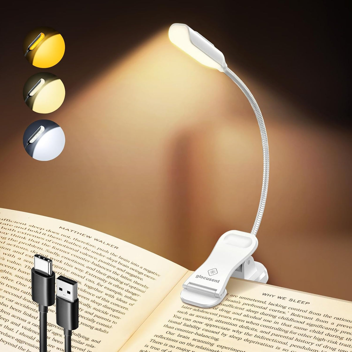 Glocusent Willow Reading Lights for Books in Bed, 10LED Bright Book Light, 3 Colors & 3 Brightness, Rechargeable Book Light Lasts for 80hr, Lightweight Clip on Reading Light, Perfect for Book Lovers MegaBDM