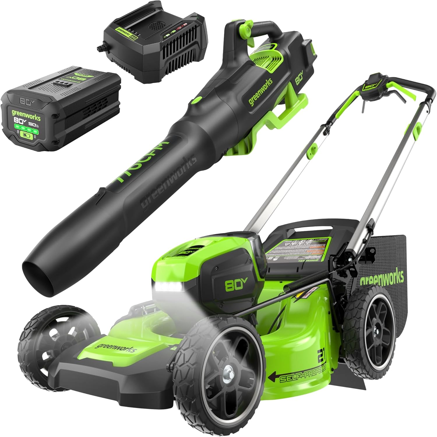 80V 21" Cordless Battery 4-in-1 Self-Propelled Lawn Mower and 700CFM Blower Combo Kit: 5.0 Ah Battery and 6A Charger MegaBDM