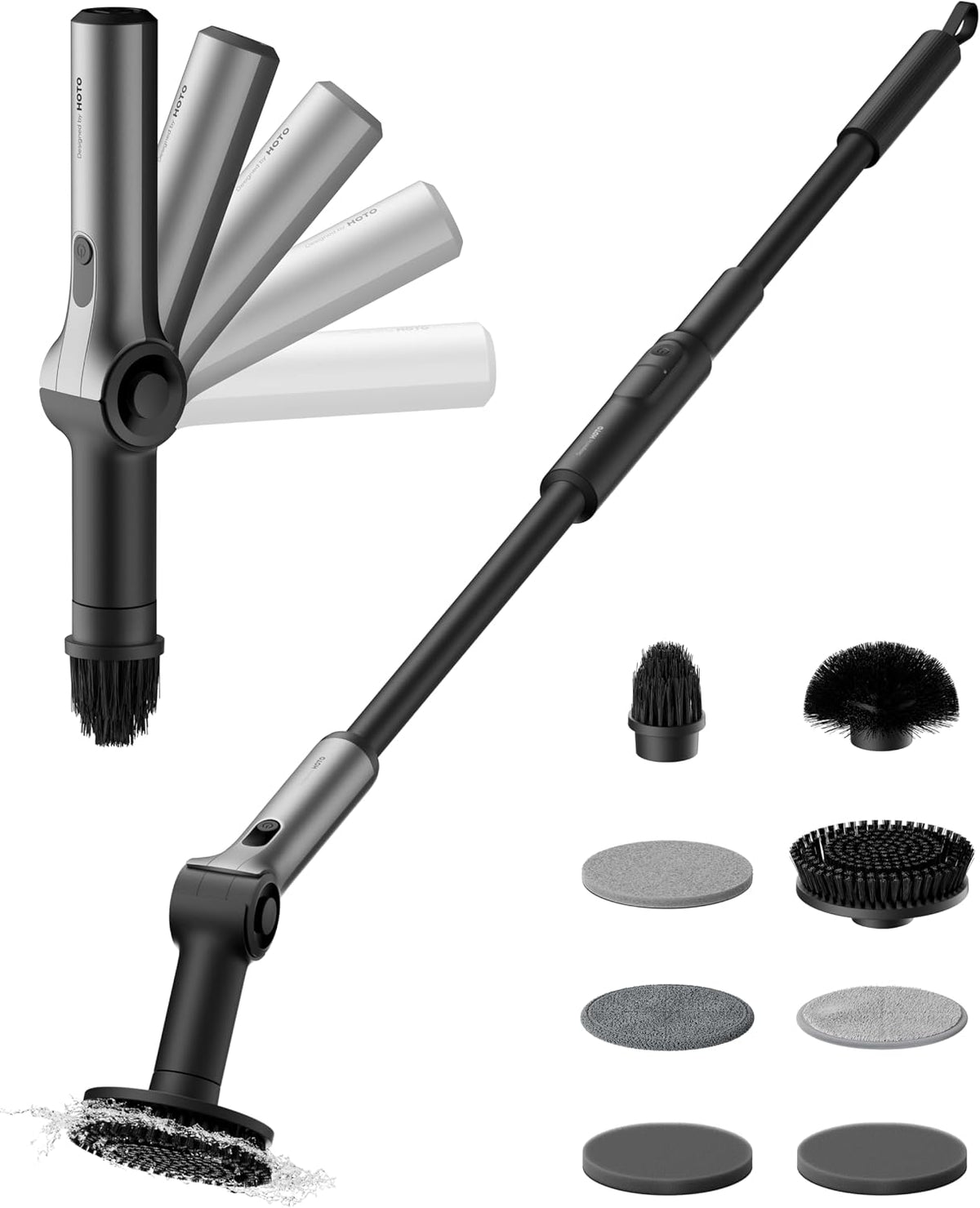 HOTO Flexi™ Cordless Electric Spin Scrubber, Adjustable Angle, Extendable Handle, Smart Display, IPX7 Waterproof, Powerful Cleaning Scrubber with 8 Replaceable Brush Heads, for Bathroom, Tile, Bathtub MegaBDM