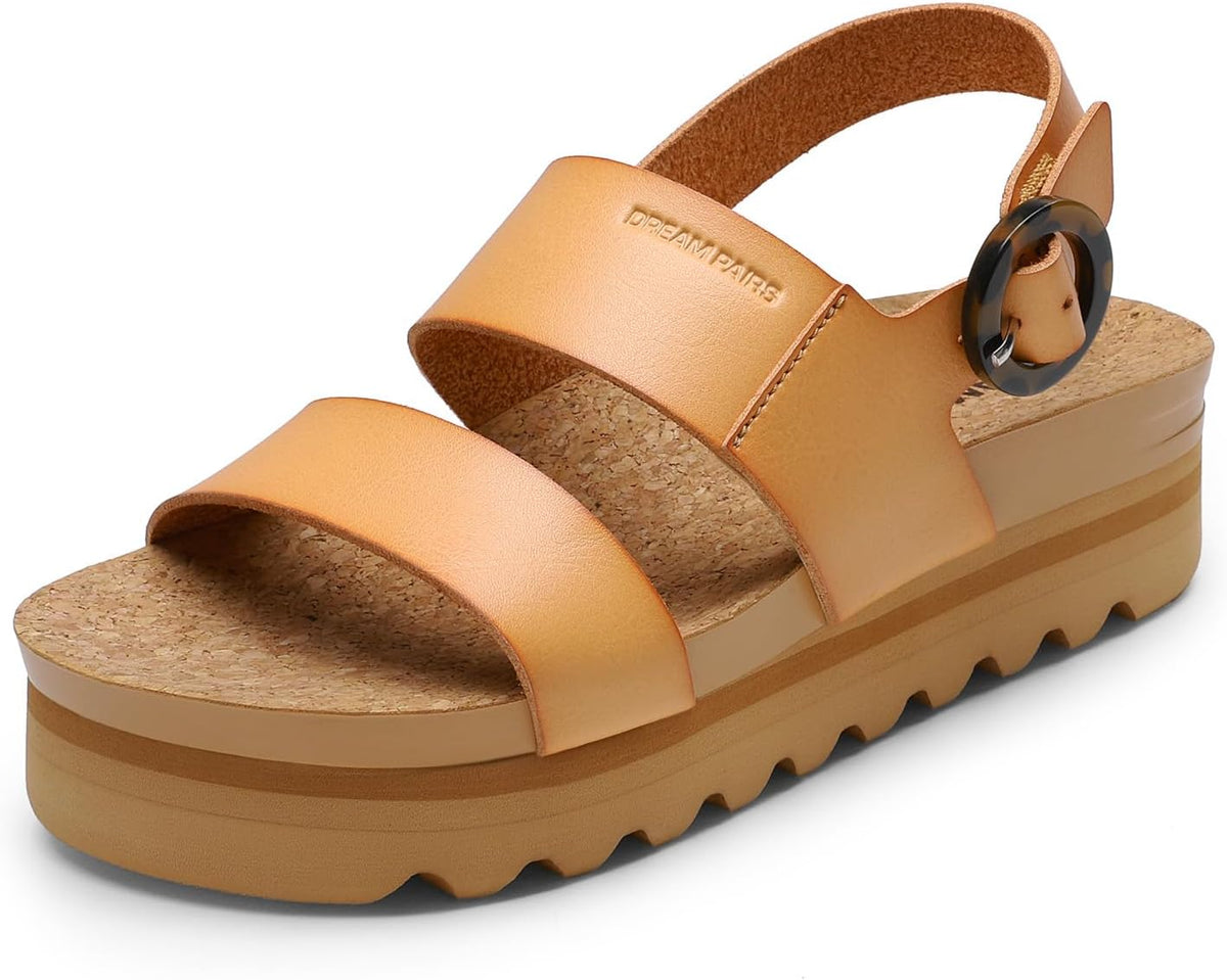 DREAM PAIRS Women's Orthopedic Arch Support Platform Sandals Comfortable Cork Insole Low Wedges Sandals Flatform Summer Dress Shoes Cute Buckle Wedges for Beach MegaBDM