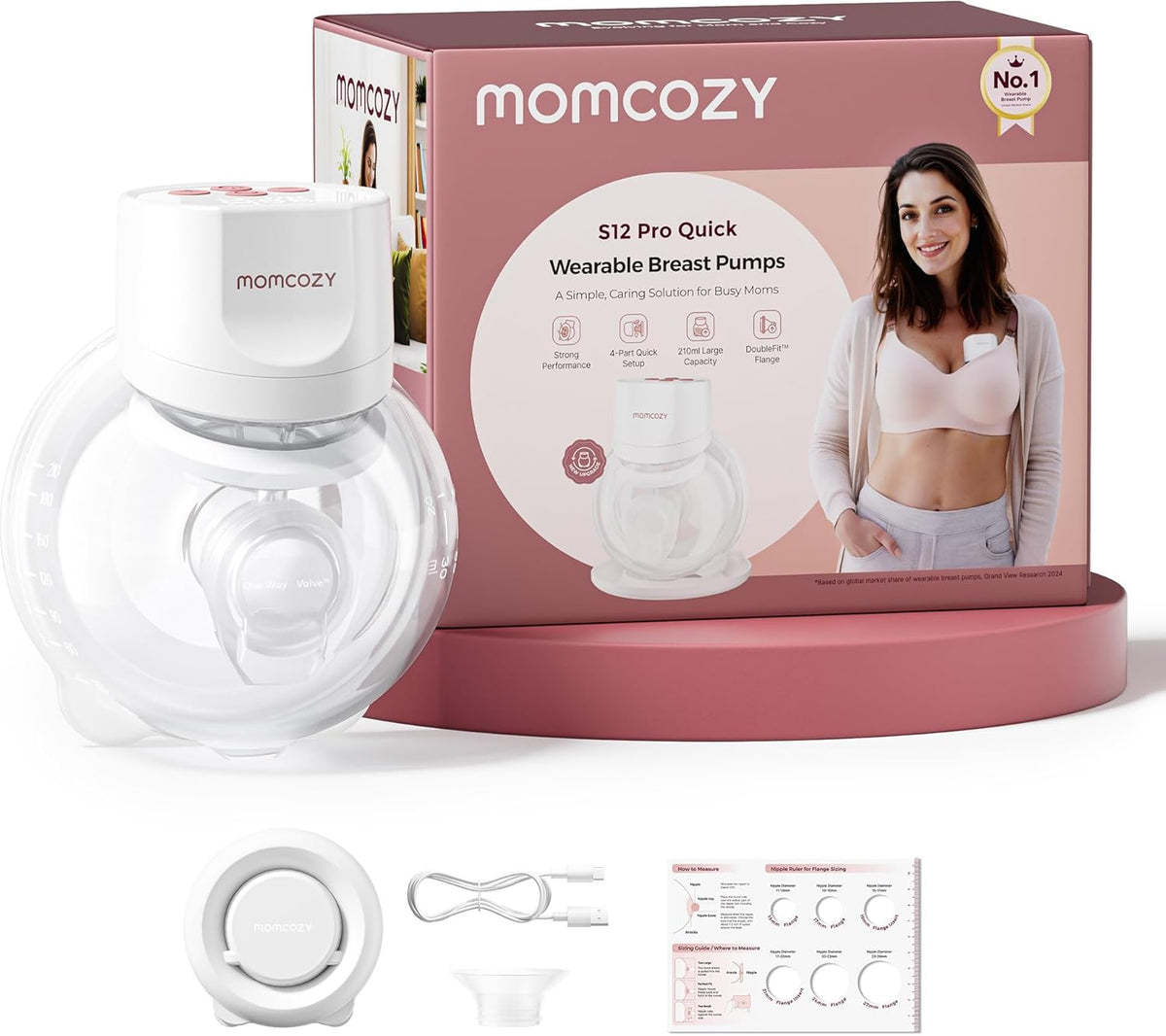 Momcozy Breast Pump S12 Pro Quick, Hands-Free Wearable & Wireless Pump, with DoubleFit™ Hybrid Flange, 3 Modes & 9 Levels Electric Pump Portable, Smart Display, 1 Count, Cozy White MegaBDM