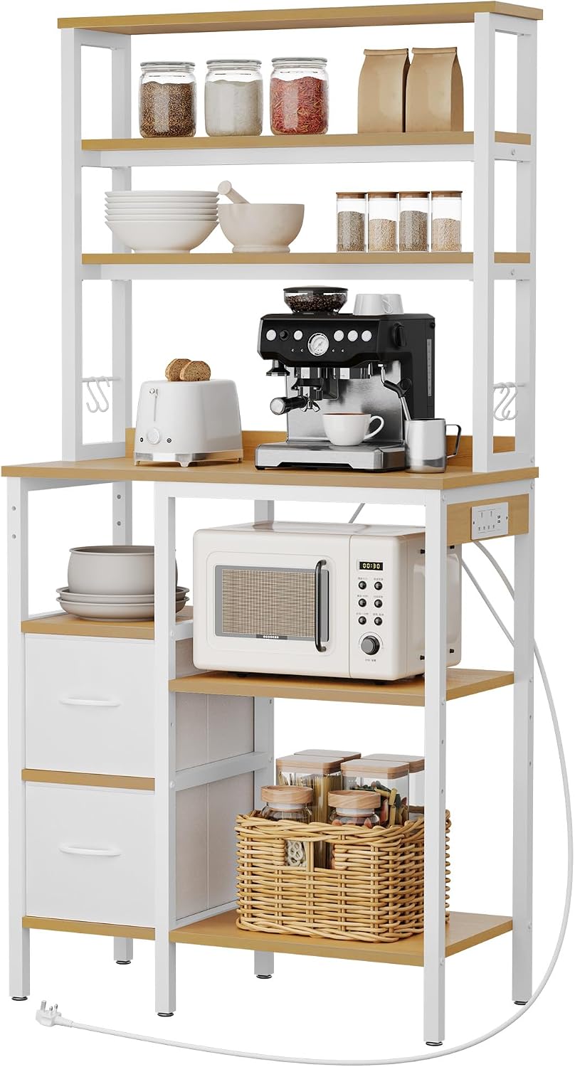 YITAHOME Kitchen Storage Rack with Power Outlet, 2 AC outlets 2 USB ports, Coffee Bar, Baker's Rack with 2 Drawers and 4 Hooks, microwave shelf, for oven, 31.5 x 15.7 x 66 inch, Oak and White MegaBDM