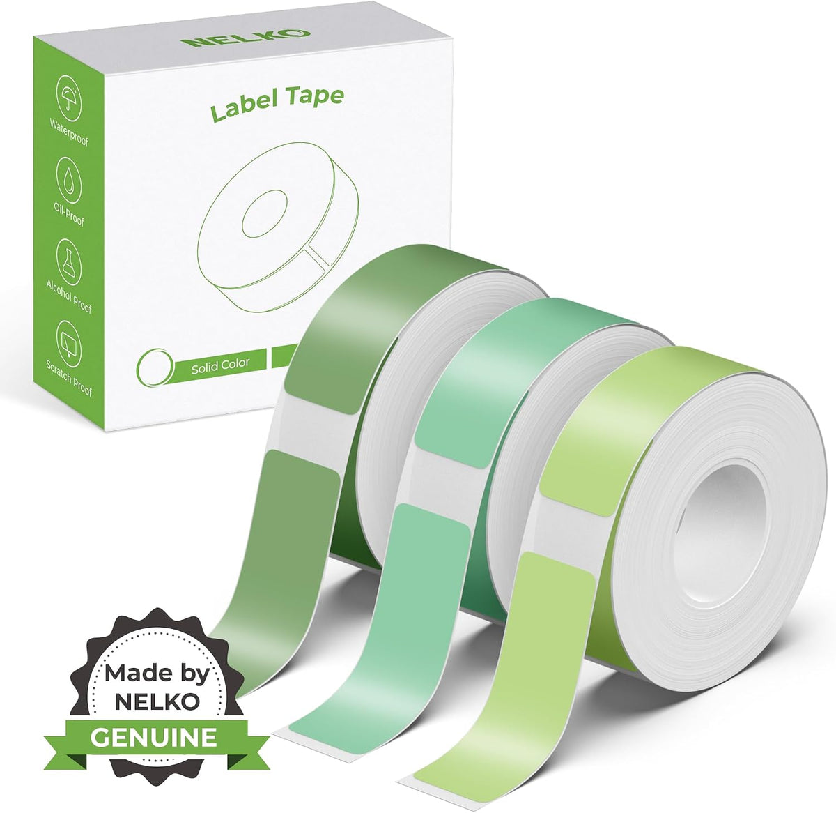 NELKO Genuine P21 Label Maker Tape, Adapted Label Print Paper, 14x40mm (0.55"x1.57"), Standard Laminated Labeling Replacement, Multipurpose, 180 Tapes/Roll, 3-Roll, Light Green/Dark Green MegaBDM
