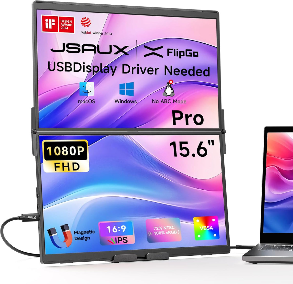 FlipGo Pro 15.6" Dual Portable Monitor, 1080P Triple Laptop Screen Extender | JSAUX Portable IPS Dual Screen Monitor for Laptop, Stacked Design, Magnetic, Built in HUB, Driver Required - Windows/MacOS MegaBDM