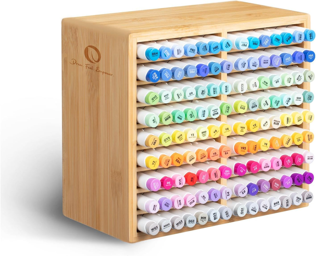 Ohuhu Bamboo Marker Organiser, Hold 126 Markers, Pens, Pencils | Wooden Desktop Storage Stationary Organiser Pencil Holder with 18 Compartments for Home, Classroom, Office Decor MegaBDM