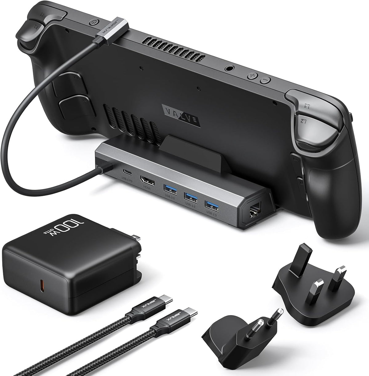 JSAUX 4K@120Hz Docking Station and 100W Charger Compatible with ROG Ally X/Steam Deck OLED/Legion Go (S), 6-in-1 Dock with HDMI 2.1, Gigabit Ethernet, 3 USB 3.0 and 100W Charge-HB0603 MegaBDM