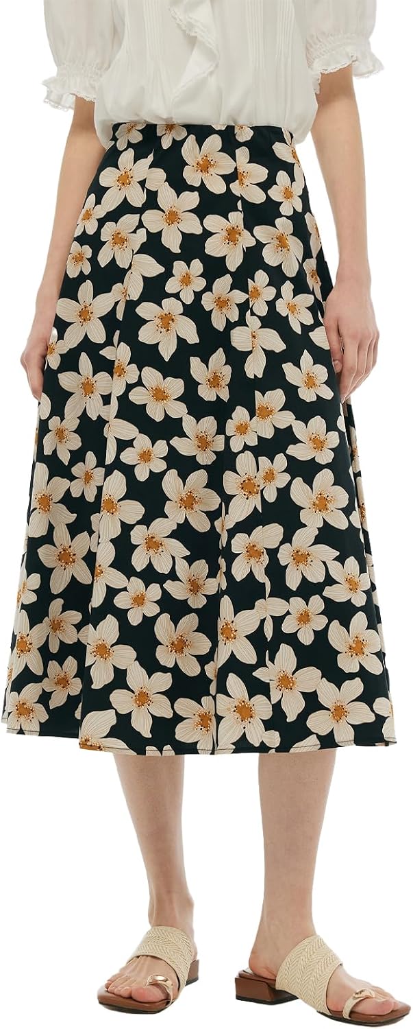 GOELIA Women Floral Print Midi Skirt Casual A-line Cotton Stretch High Waist Zipper Vintage Long Skirts MegaBDM