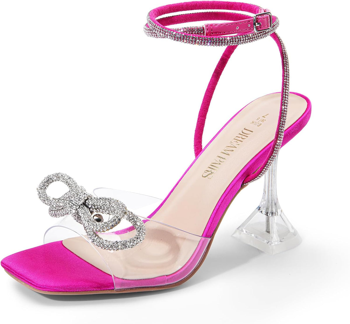 DREAM PAIRS Stiletto Bow Heels for Women Strappy Sparkly Rhinestone Square Toe Clear Crystal High Sandals for Party Wedding MegaBDM