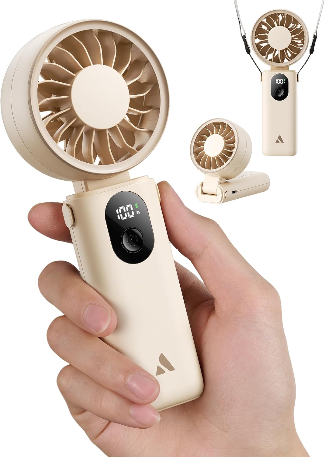 Aecooly Mighty Handheld Portable Fan | 20H Max Cooling Time | 3 Flexible Modes | 5 Speeds Wind | Battery Level Display | USB Rechargeable Mini Personal Battery Powered, Gifts for Women, Travel -Beige MegaBDM