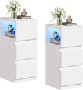 YITAHOME Slim Bedside Table Set of 2, Slim Narrow End Table with 2 Spacious Drawers and Multi-Color LED Lighting, Convertible Open Storage Compartment (Left/Right) for Bedroom, Living Room, White MegaBDM