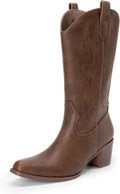 DREAM PAIRS Women's Square Toe Cowboy Cowgirl Boots Embroidered Mid Calf Western Boots Fashion Dress Low Chunky Heel Boots for Theme Party Country Concert MegaBDM