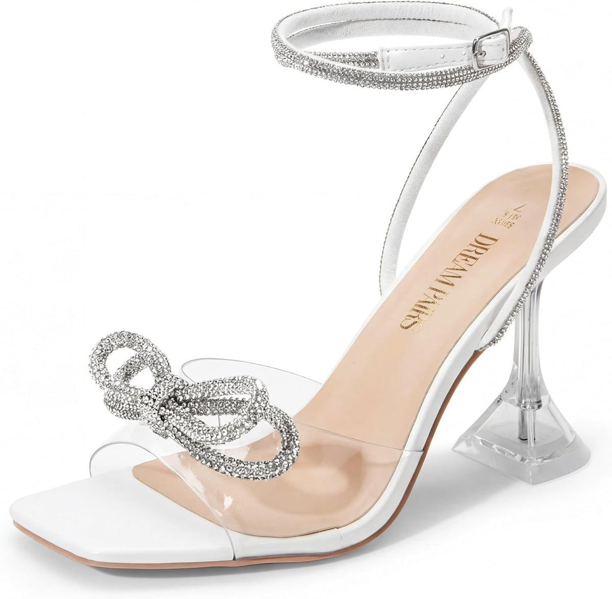 DREAM PAIRS Stiletto Bow Heels for Women Strappy Sparkly Rhinestone Square Toe Clear Crystal High Sandals for Party Wedding MegaBDM