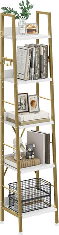 YITAHOME Bookcase 5 Tiers, Industrial Ladder Shelf Floorstanding Book Shelf Wooden Shelves and Metal Frame Book Rack Modern Shelving Unit for Living Room, Hallway, Office, Golden Bookshelf MegaBDM