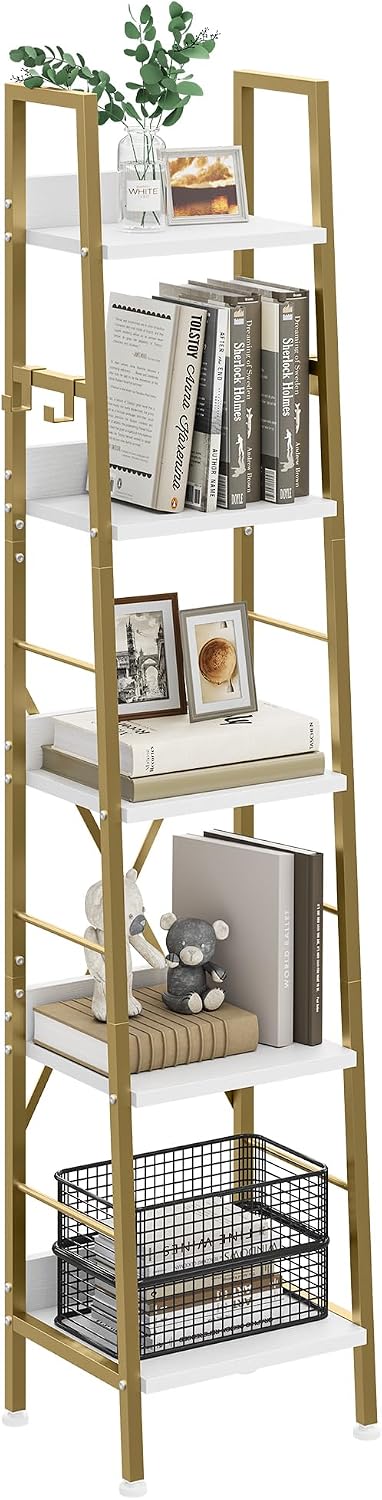 YITAHOME Bookcase 5 Tiers, Industrial Ladder Shelf Floorstanding Book Shelf Wooden Shelves and Metal Frame Book Rack Modern Shelving Unit for Living Room, Hallway, Office, Golden Bookshelf MegaBDM