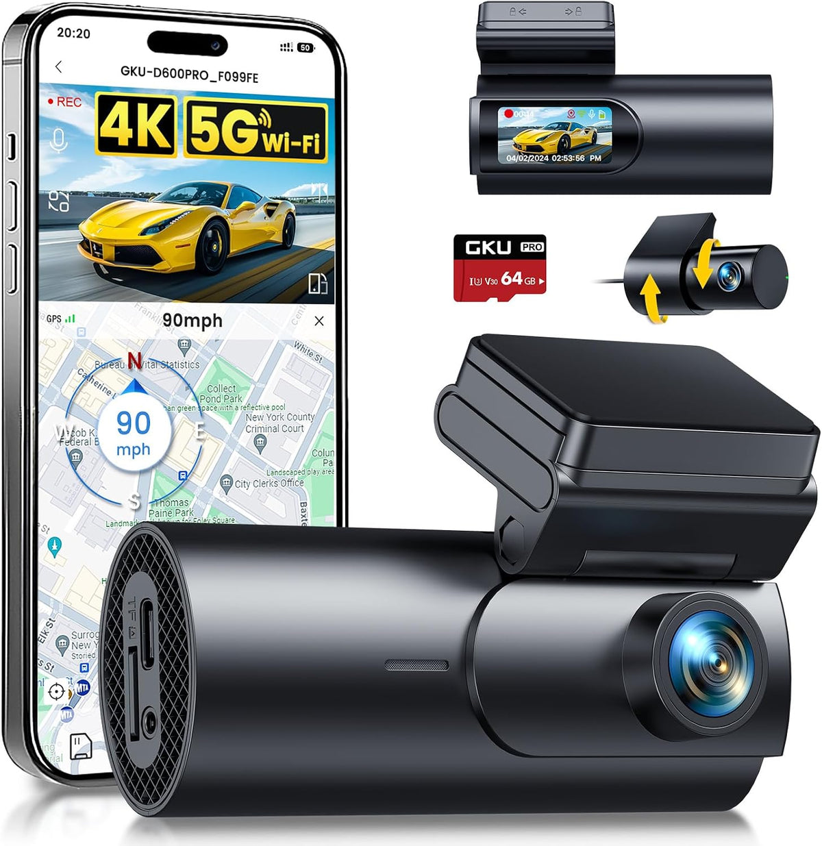 GKU 4K Dash Cam Front and Rear, 5GHz WiFi GPS, Dual Car Camera, 1.5” IPS Mini Dashcam for Cars with 64GB SD Card, 24H Parking Mode, Night Vision, WDR, 170° Wide Angle, G-Sensor, App Control, Max 256GB MegaBDM