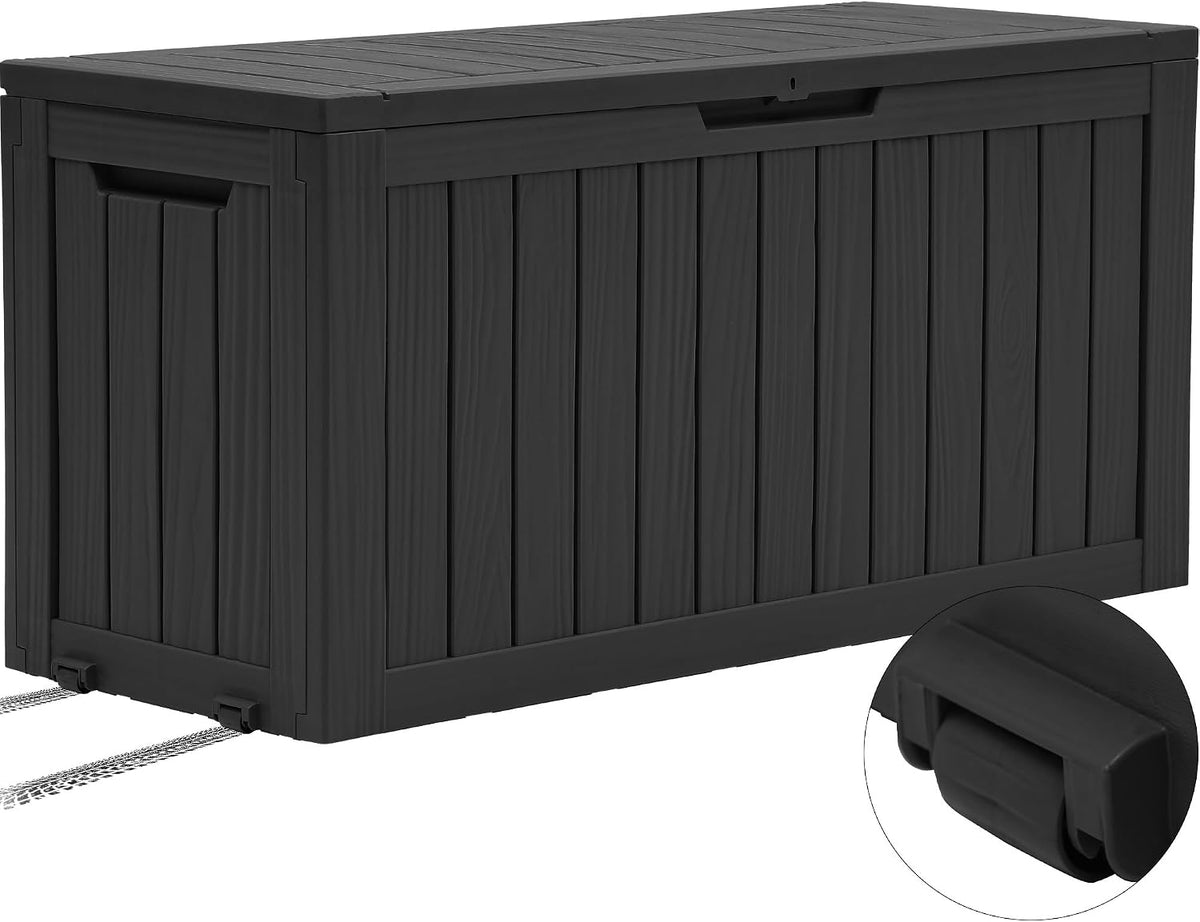YITAHOME Outdoor Storage Box with Wheels, 270L Plastic Deck Box, Waterproof Garden Chest for Cushions, Tools & Pool Supplies, Lockable, Faux Woodgrain, 114.7 x 46.5 x 57.6 cm, Black MegaBDM