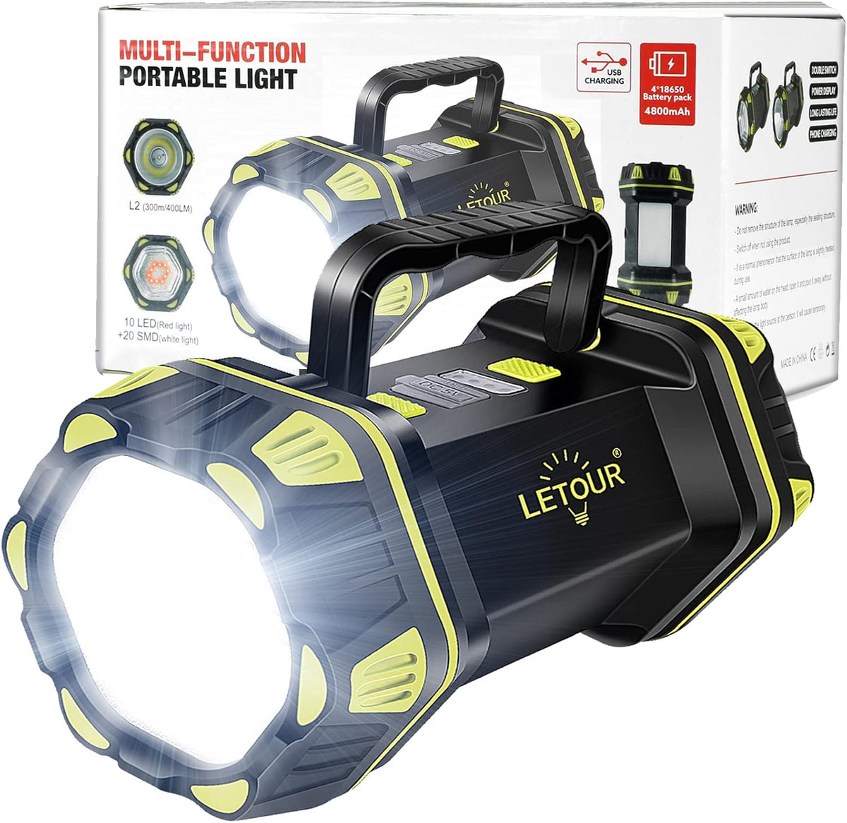 LETOUR Rechargeable LED Torch, 4000Lumens Multi-Functional Camping Light Super Bright Flashlight 8 Modes LED Searchlight, 4800mAh Power Bank, IP65 Waterproof Outdoor Tent Spotlight Lantern MegaBDM