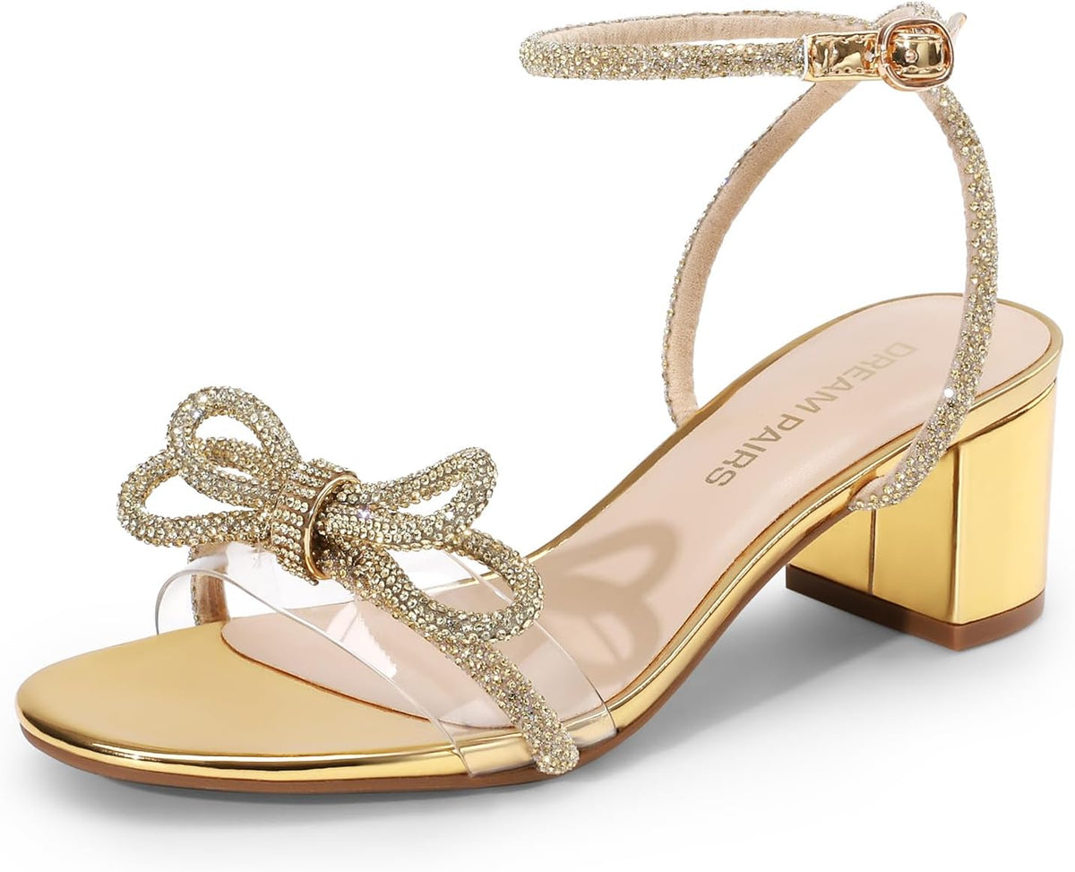 DREAM PAIRS Women's Double Bowknots Crystal Sandals Low Chunky Heels Clear Slingback Dress Shoes for Wedding Bridal Party MegaBDM