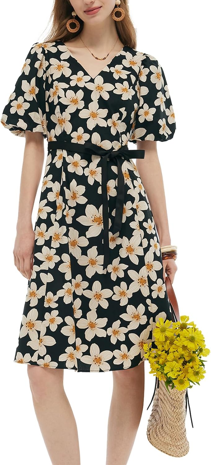 GOELIA Women Summer Dresses Casual Cotton Puff Sleeve Stretch Smocked Floral Print Sundresses Flowy Wedding Guest Dresses MegaBDM