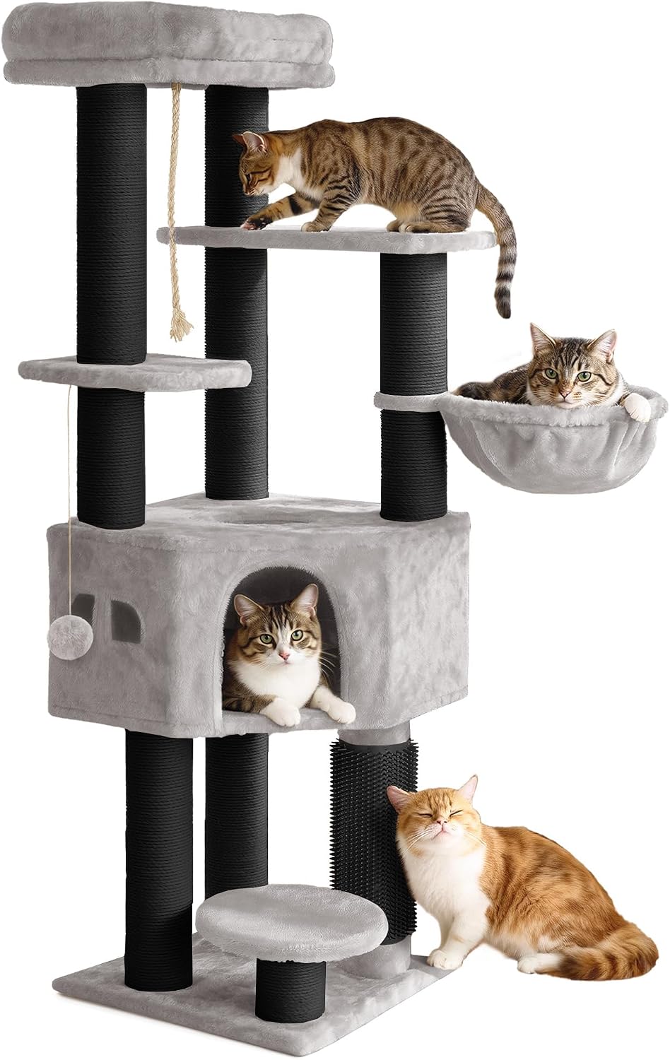 YITAHOME Large Cat Tree Tower, Cat Tree, Cat Brushes, 11 cm Thick Posts, Large Platforms, Plush Cushion, Cave, 50 x 50 x 157 cm, Light Grey MegaBDM