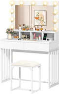 YITAHOME Dressing Table with Mirror and Stool, Vanity Table with 2 Drawers Hollywood LED Lights, Adjustable Brightness Vanity Makeup Table Makeup Desk with Metal Legs Bedroom Dressing Tables, White MegaBDM