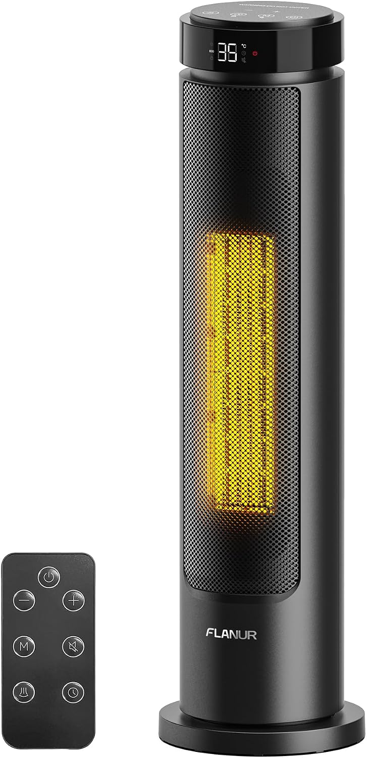 2000W Electric Heaters for Home, 60cm Tower Fan Heater with Programmable Thermostat, 12H Timer & Remote Control, Oscillation and ECO Mode, Space Heaters for Office, Bedroom, Home (Black, 1Pack) MegaBDM