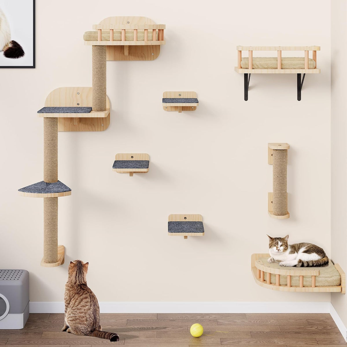 YITAHOME Cat Climbing Wall, Climbing Wall Set Made of Wood, 7 Pcs Sturdy Furniture with Scratching Posts, Corner Platform, Stair Climbers, and Cat Bed for Sleeping, Playing, and Lounging MegaBDM