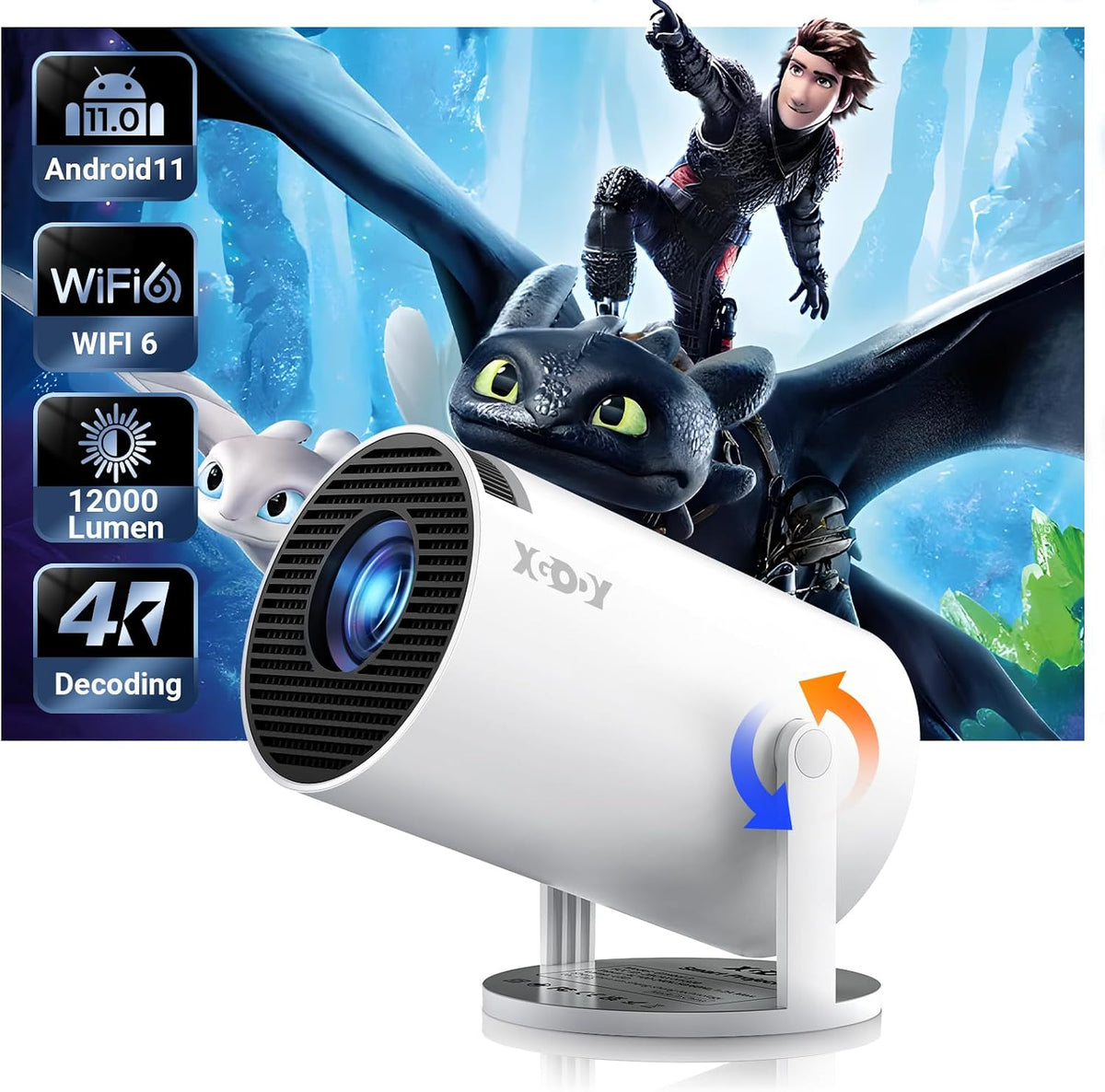 [2025 Upgraded & Android 11.0] Mini Projector Native 720P HD, Supports 4K 1080P, XGODY Gimbal 3 Portable Projector 12000 Lumen, WiFi 6, Bluetooth, Auto Keystone, Video Projector for Home Cinema MegaBDM
