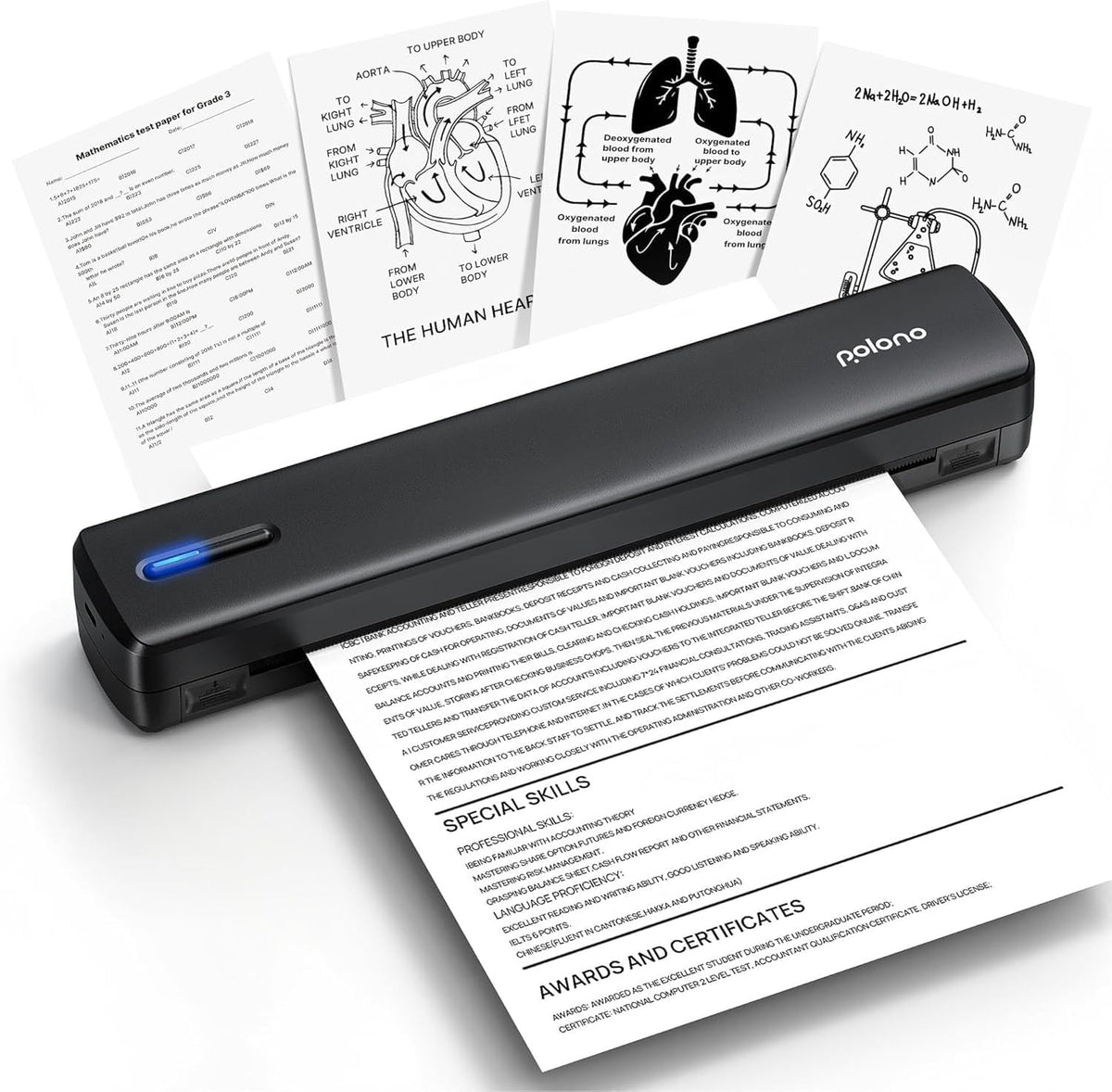 POLONO D810 Inkless A4 Portable Wireless Thermal Printer, Black | Bluetooth link, supports 8.5"x11" US Letter, compatible iOS, Android, laptop & smart AI APP, perfect for office MegaBDM