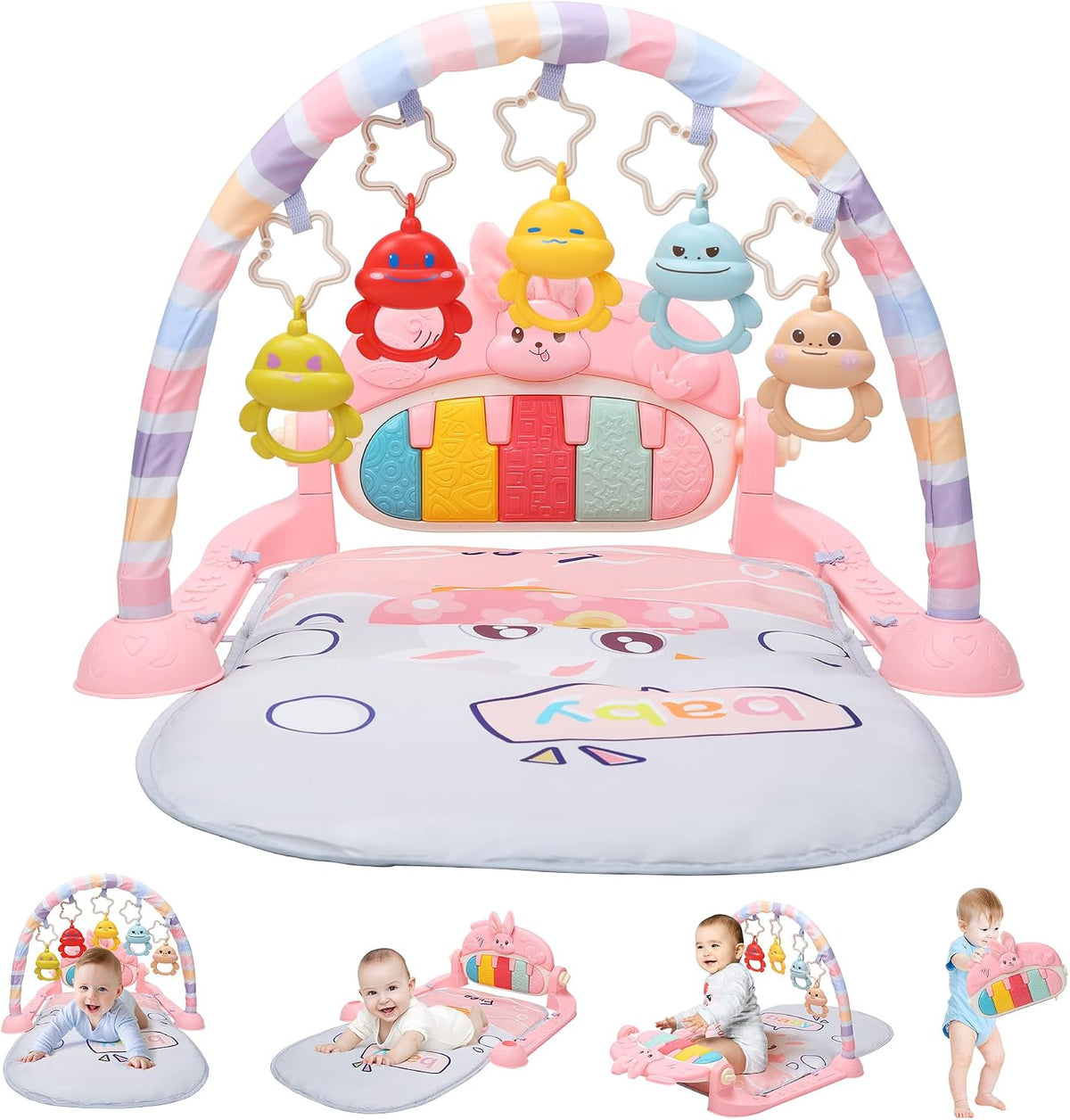 CUTE STONE Baby Play Mat Baby Gym, Play Piano Tummy Time Mat with Activity Gym, 5 Infant Learning Sensory Baby Toys, Musical Activity Center for Early Development and Entertainment, Pink MegaBDM