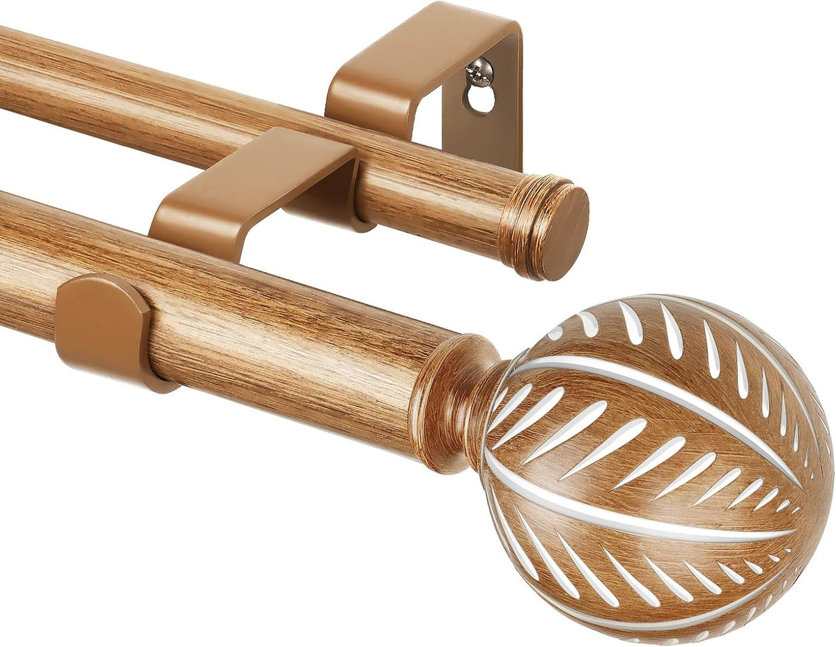 KAMANINA Double Curtain Rod Wood Leaf Pattern Finials 91 to 182 cm MegaBDM