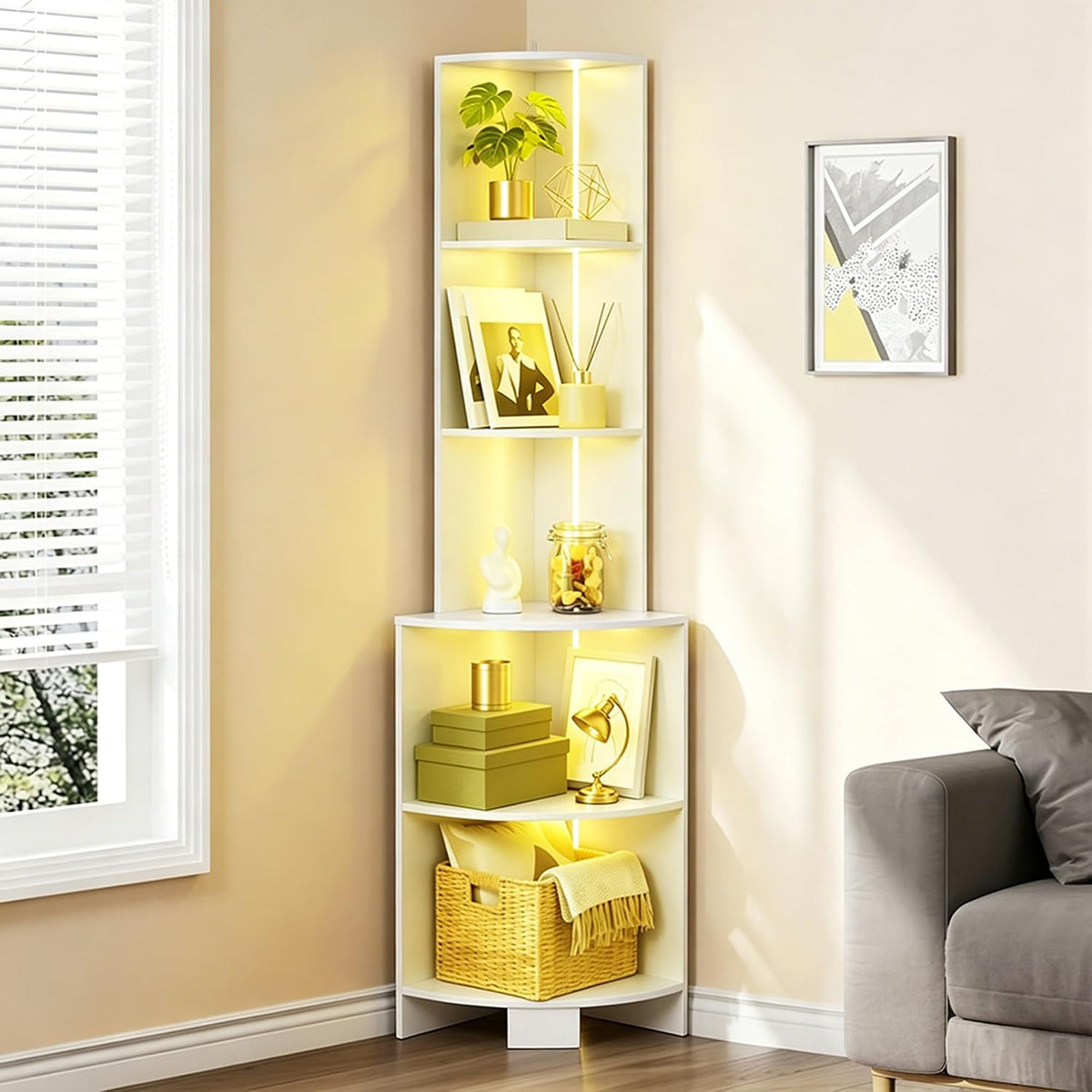 YITAHOME 5 Tier Corner Shelf Unit with 7 Colour LED Lights, Tiered Corner Bookcase for Small Spaces, Corner Shelves Display Unit Storage Shelving Unit for Living Room Bedroom, 35x35x167cm, White MegaBDM