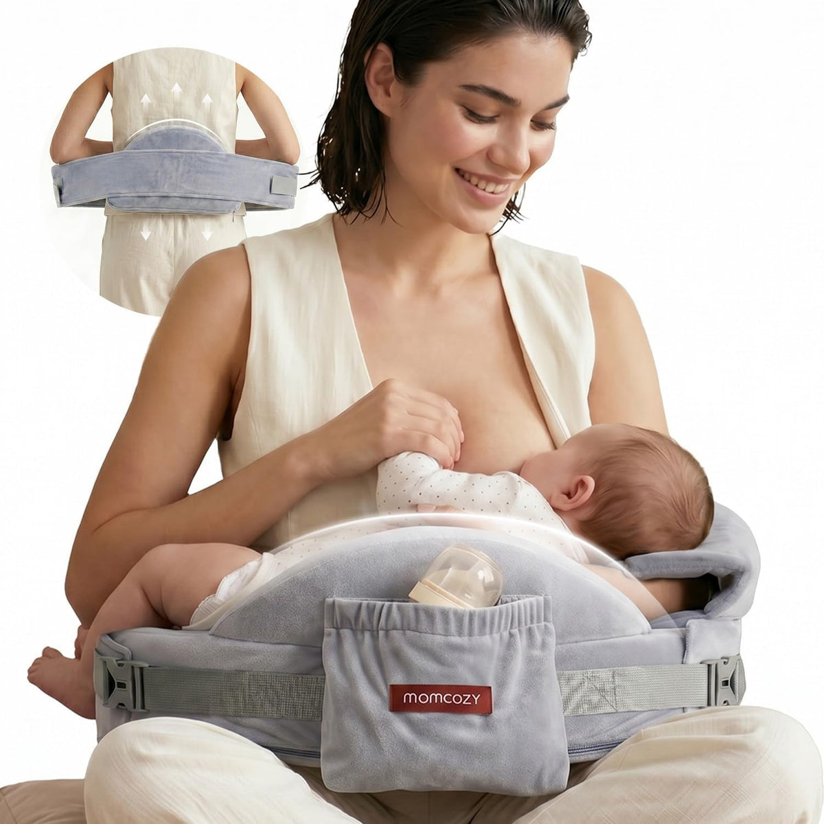 momcozy CozyPro Nursing Pillow, Lumbar & Arm Support, Grey | Innovative Safety Guard, High-Rebound Memory Foam, Secure Adjustable Strap, Convenient Pocket, Removable Velvet Cover MegaBDM