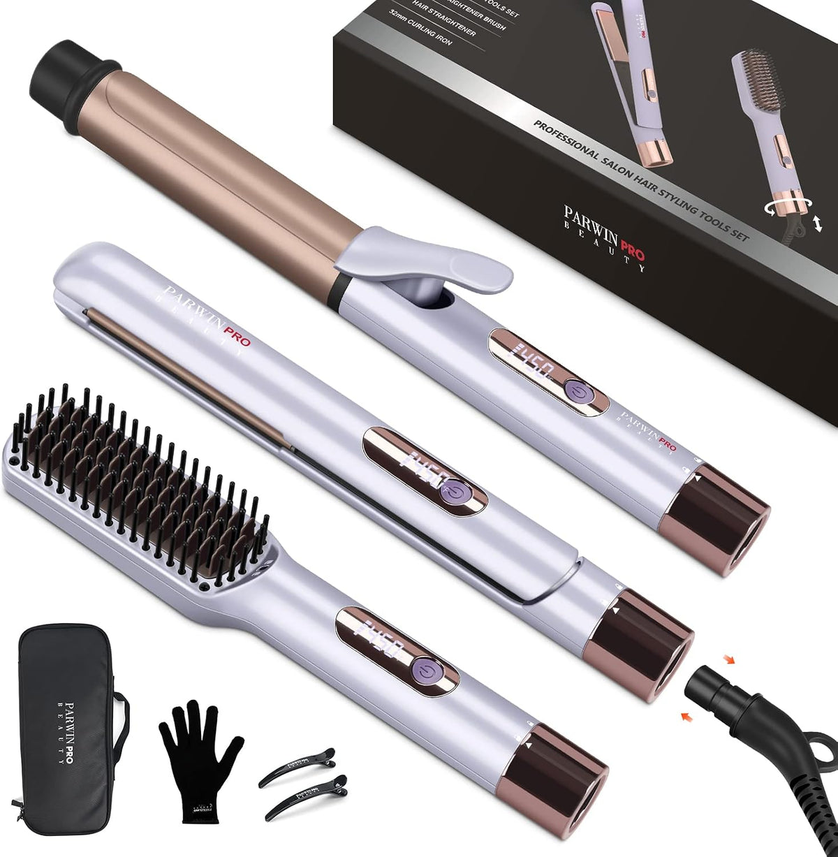 Hair Straightener and Curler, PARWIN PRO BEAUTY 1'' Flat Iron,1.25'' Curling Iron Hair Straightener Brush with Detachable Power Cord, LED Temp Control & Instant Heat Up, Dual Voltage, for Home Travel MegaBDM