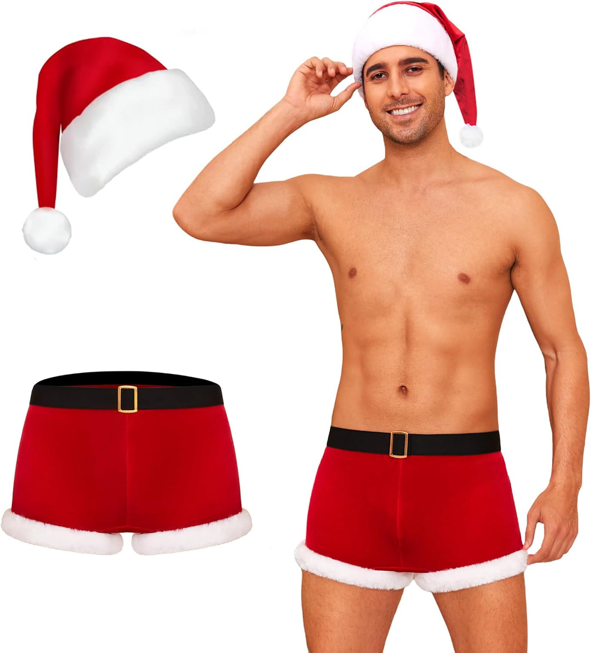 RSLOVE Men's Christmas Boxer Shorts - Sexy Santa Claus Underwear Costume Xmas Trunks with Hat Outfit MegaBDM