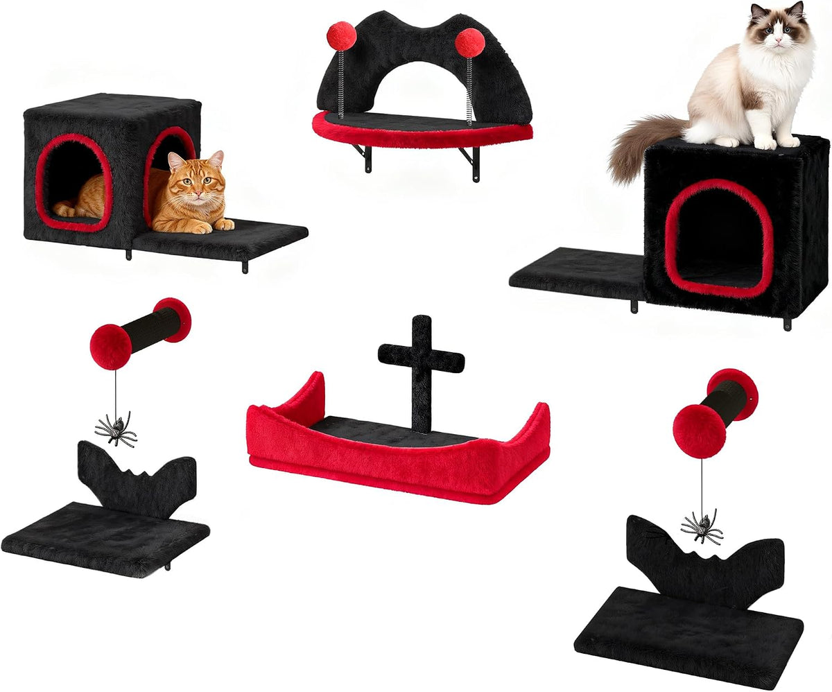 DWVO 8-Piece Cat Tree, Gothic Wall Climbing Set, Plush Climber for Cats with 2 Cat Houses MegaBDM