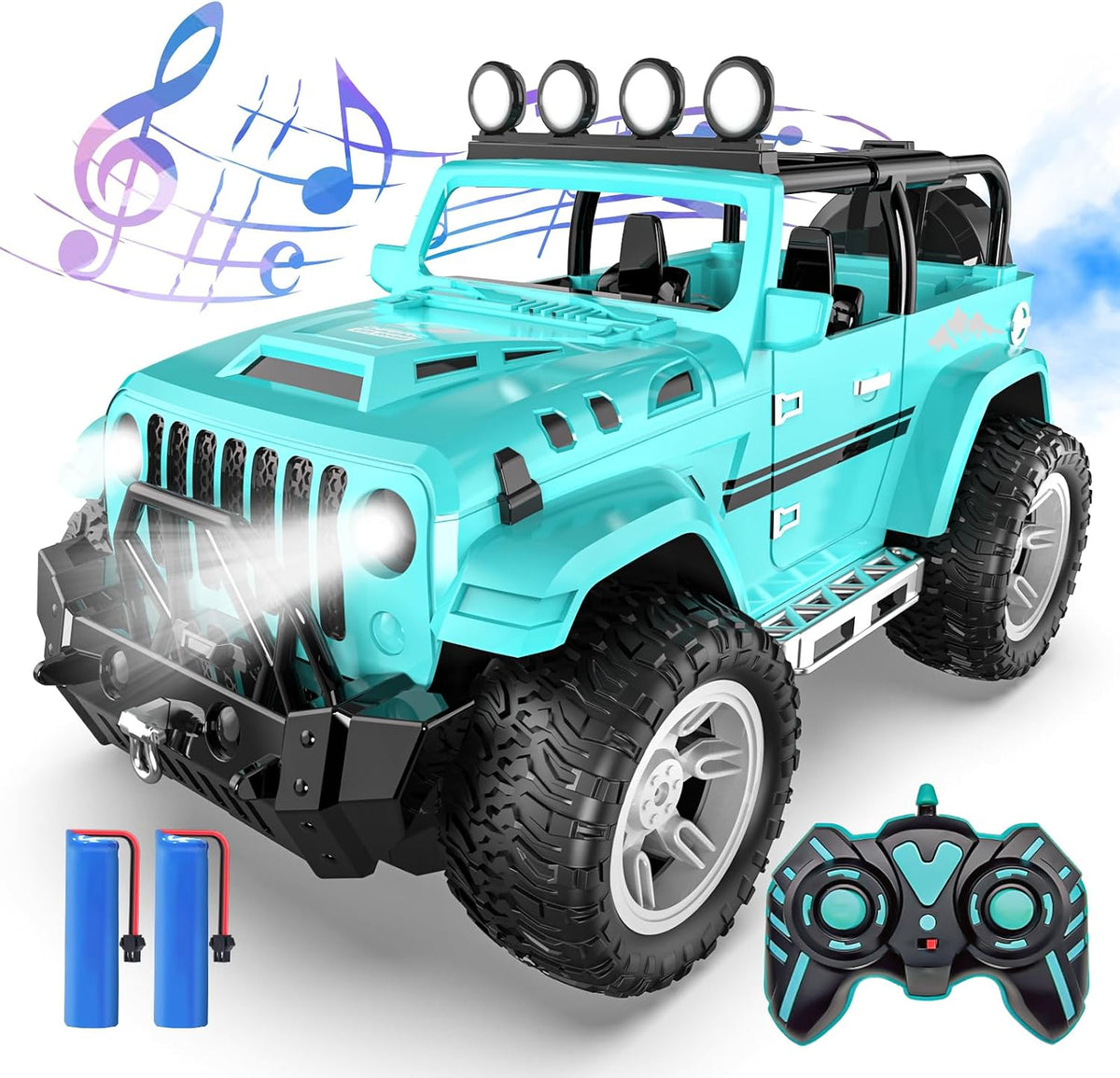 DEERC Remote Control Car with Fog Mist & Music, 1:16 Remote Control Truck for Boys, 2.4Ghz RC Car Toy with 2 Batteries, All Terrain SUV Gifts Crawler with Trailer Hitch MegaBDM