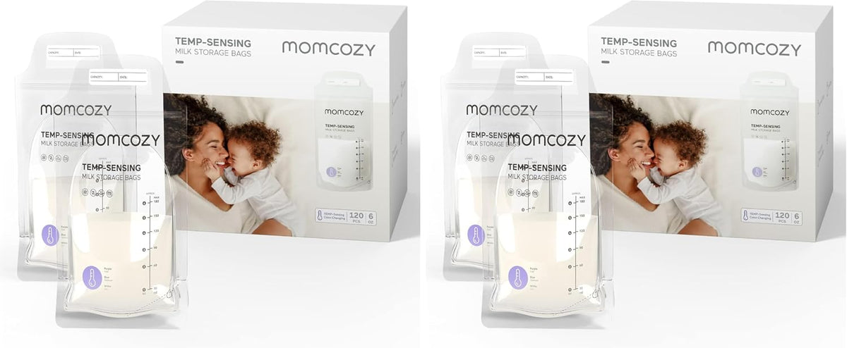 Momcozy Storage Bags 120 PCS, Temp-Sensing Discoloration Breastmilk Storing Bags, Disposable Milk Storage Bag with 6oz Self Standing, No-Leak Milk Freezer Storage Pouches (Pack of 2) MegaBDM