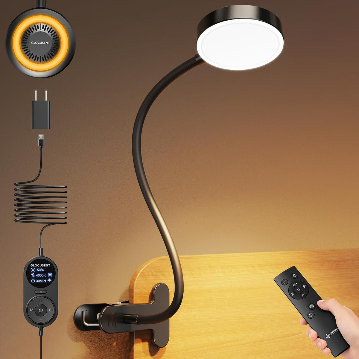 Glocusent 72 LEDs Clip on Light, 3 Colors & 5 Brightness, UK Adapter&Remote | Flexible Desk Lamp with Amber Night Light, Eye Caring Clip on Lamp, 30/60-Min Timer, for Bedside Reading, Studying, Working MegaBDM