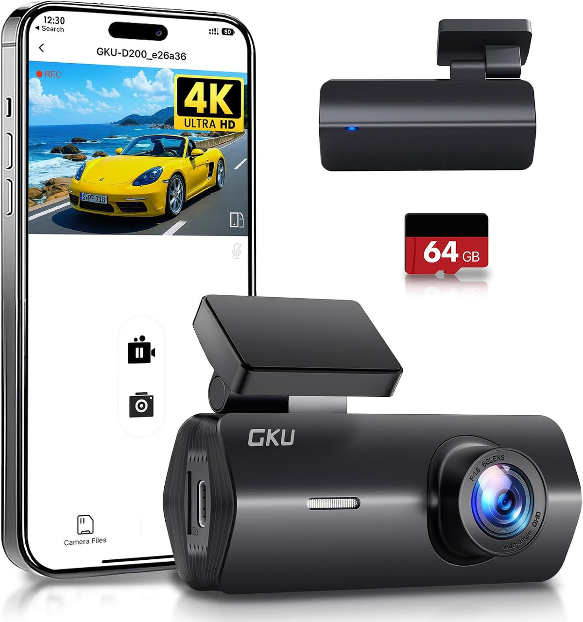 GKU 4K Dash Cam,Dash Cam Front with UHD 2160P, DashCam Built-in WiFi, 24H Parking Monitor,Night Vision,WDR,170° Wide Angle,Loop Recording,G-Sensor,DashCam Includes 64GB SD Card,Supports 256GB Max MegaBDM